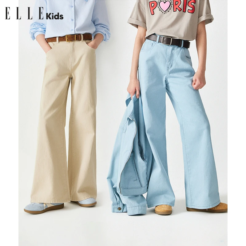 ELLE KIDS复古老钱风半松紧腰牛仔微喇刺绣垂感长裤C1