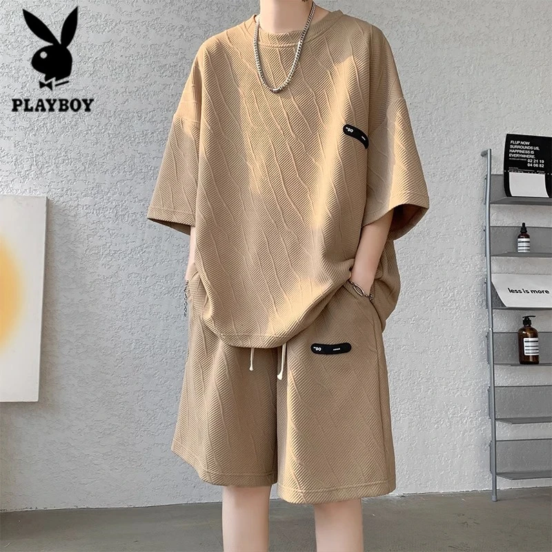 花花公子夏季新款纹理男生穿搭整套高级感短袖短裤休闲运动套装潮