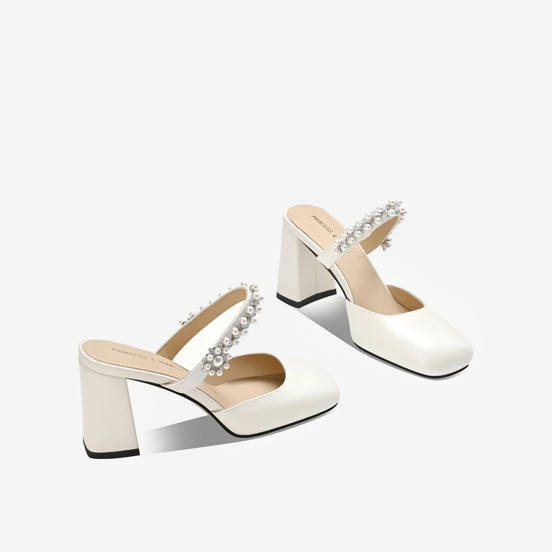 玛丽珍包头拖鞋女2025夏季新款粗跟珍珠凉拖真皮外穿时尚高跟半拖