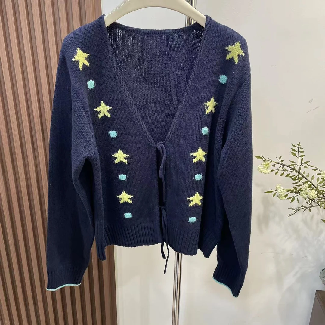 针织衫-24210系带小星星V领开衫