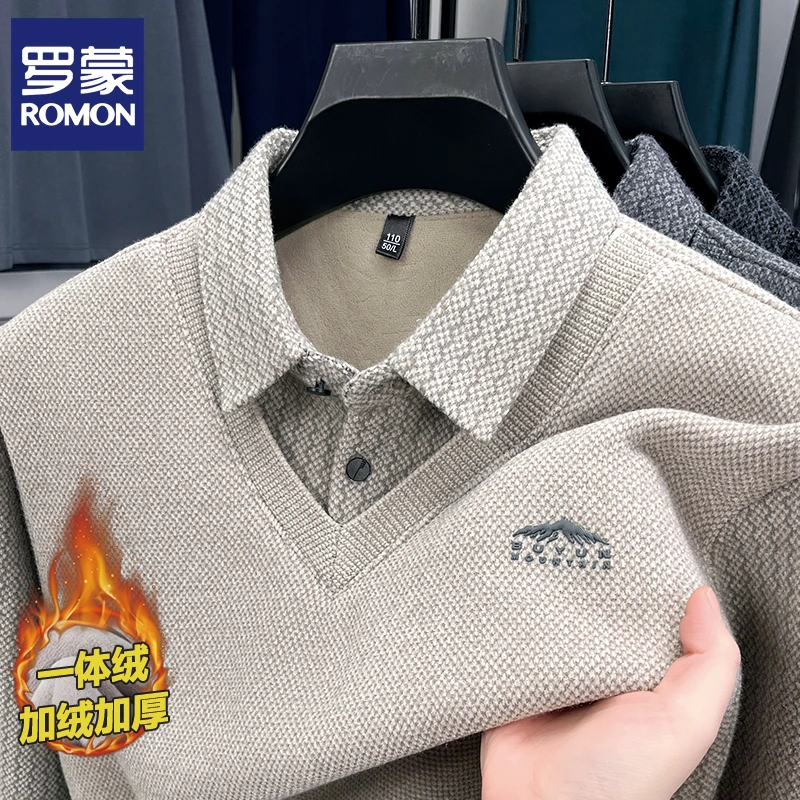 罗蒙一体绒冬季新款男士加绒加厚保暖亲肤毛衣宽松针织打底衫上衣