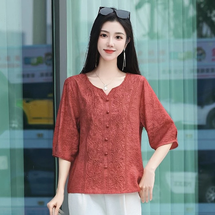 夏季半V领中袖女士薄款上衣简约气质提花小衫