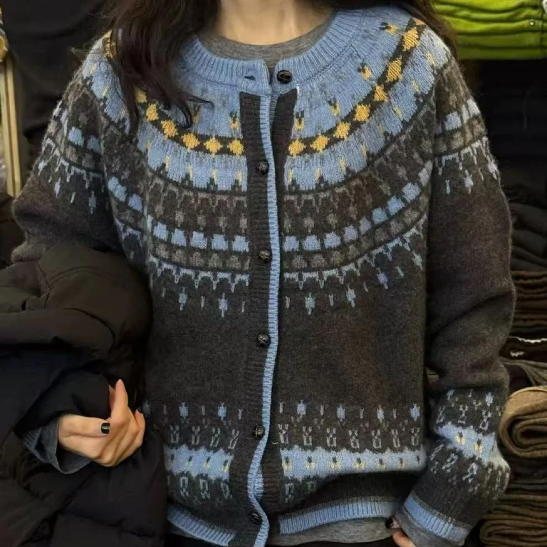 韩系费尔岛提花圆领毛衣开衫女春季高级感气质针织外套6339