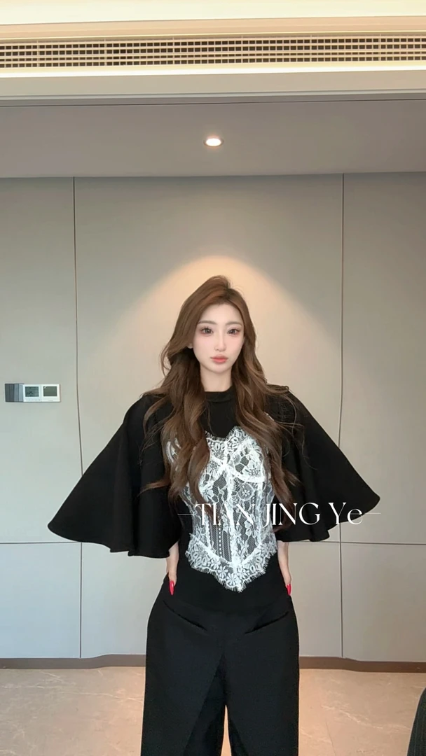 【田景野】2025年夏季新款法式夫复古拼接蕾丝短袖