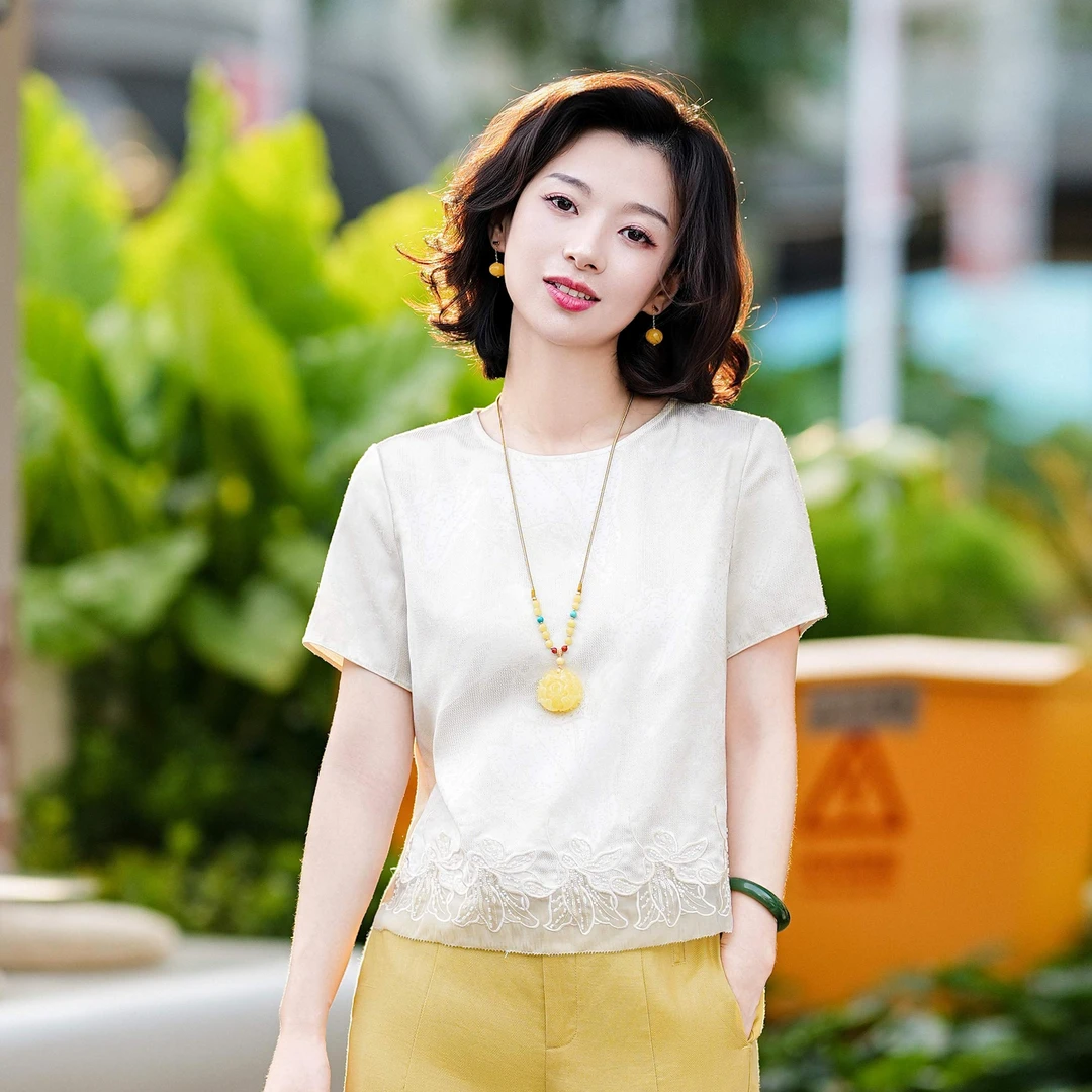 西子/【夏日余晖】新中式浮雕式提花拼接欧根纱简约上衣/SYHJ039