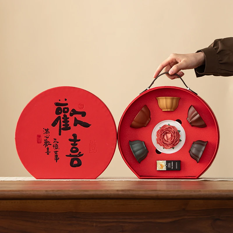 五福紫砂杯德化非遗手捏瓷花摆件扩香器商务伴手礼乔迁纪念日礼物