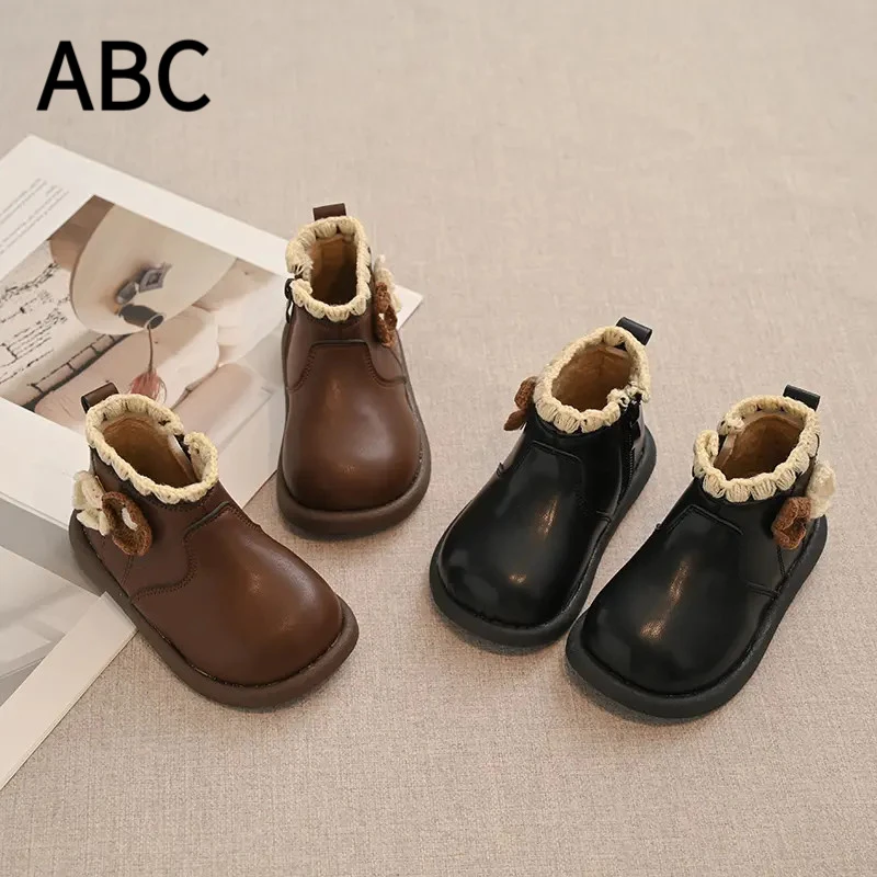 ABC儿童靴子2025新款公主冬靴小童防水保暖皮靴防滑加绒二棉靴子