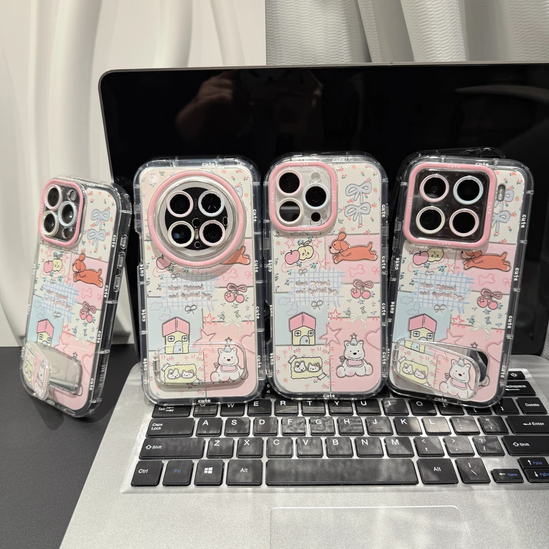 碎花小狗支架适用苹果/华为/荣耀/OPPO/VIVO/小米手机壳防摔