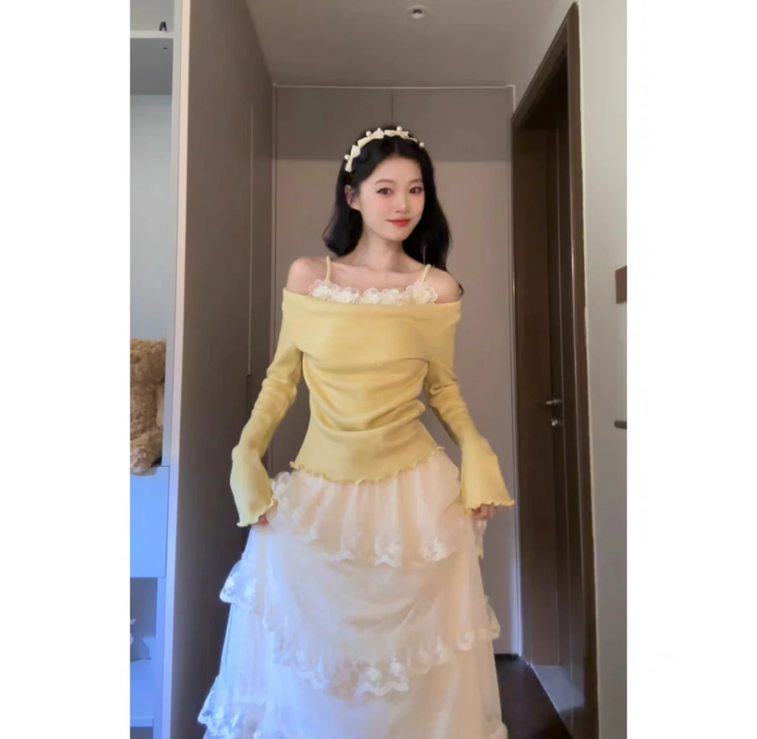 纯欲黄色针织衫女冬设计感假两件立体花朵内搭长袖上衣蛋糕半身裙
