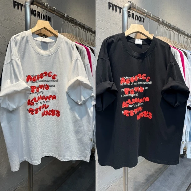 998夏季新款韩版重工立体红字母宽松大版圆领短袖T恤女