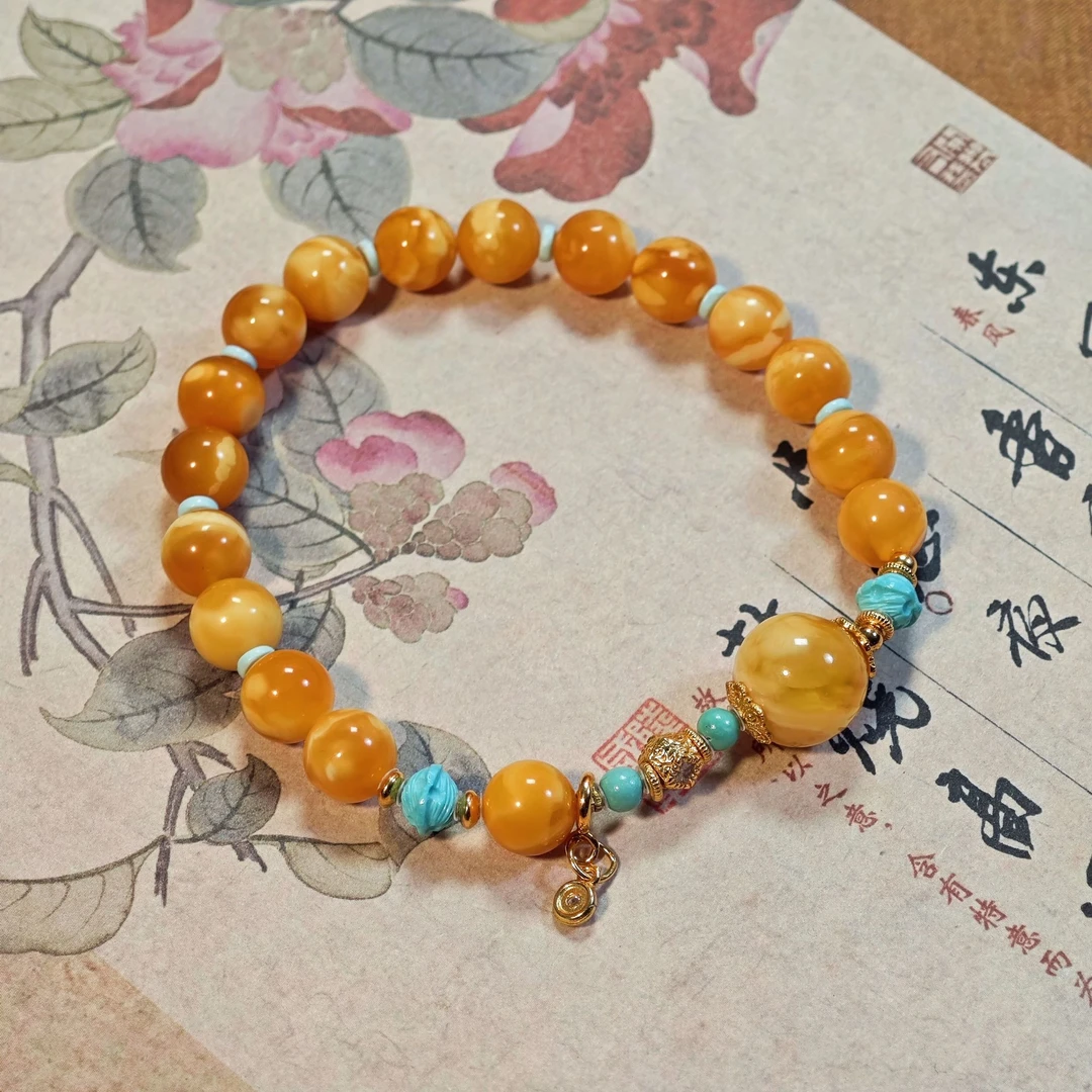【鸿汐】ZJ260806蜜蜡花蜡圆珠单圈手串diy绿松石百香籽8-11mm+