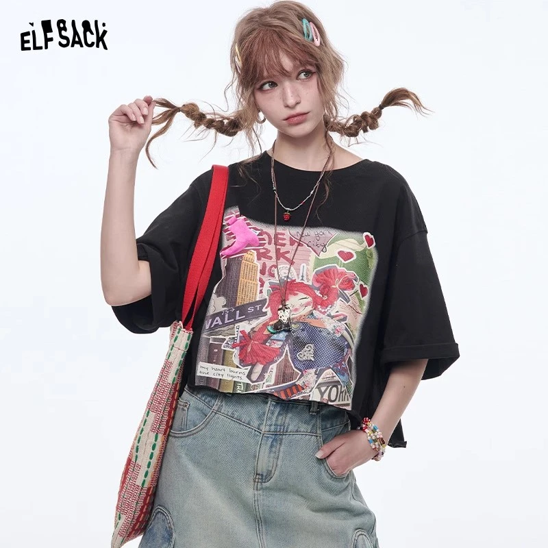 妖精的口袋黑色印花短袖t恤女2025年春新款宽松休闲设计感百搭