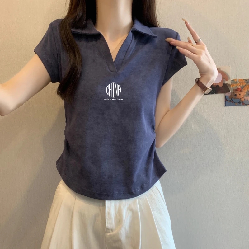 法式扎染复古短款polo领短袖t恤女夏季设计感显瘦甜辣妹翻领上衣