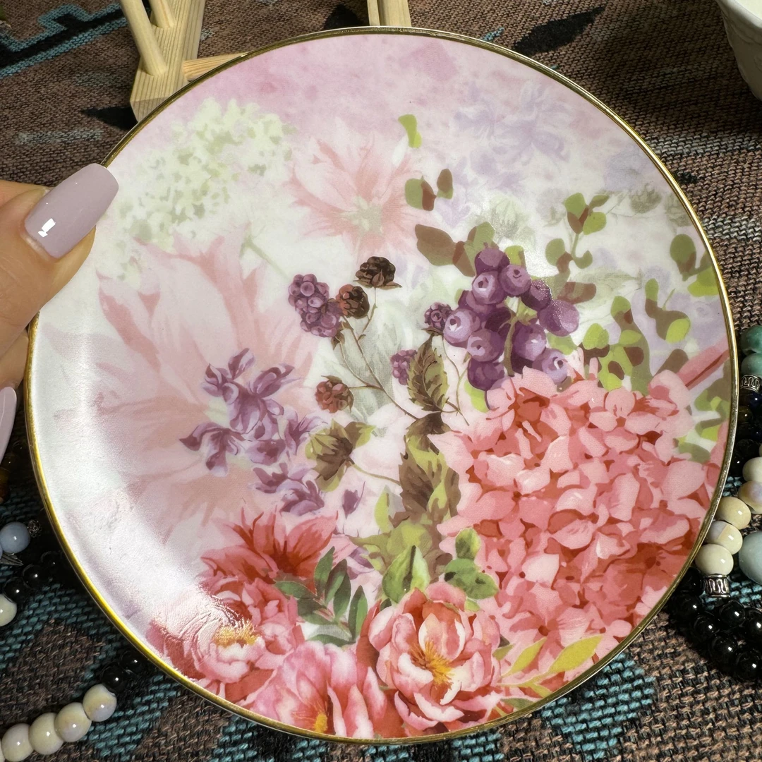 出口百花齐放温柔粉6.5寸一等骨瓷描金边盘