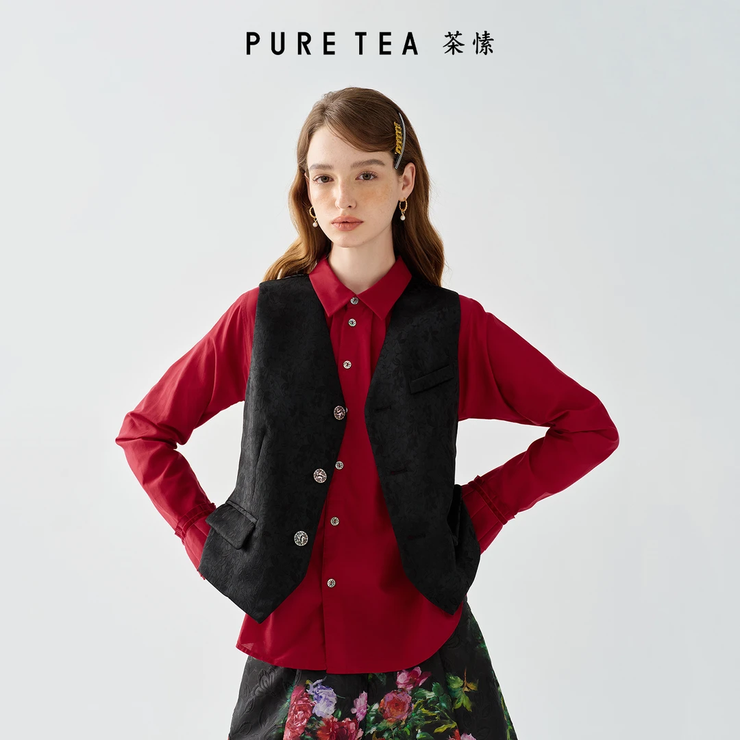 【商场同款】茶愫暗纹提花V领马夹女收腰背心春季TV0301D11