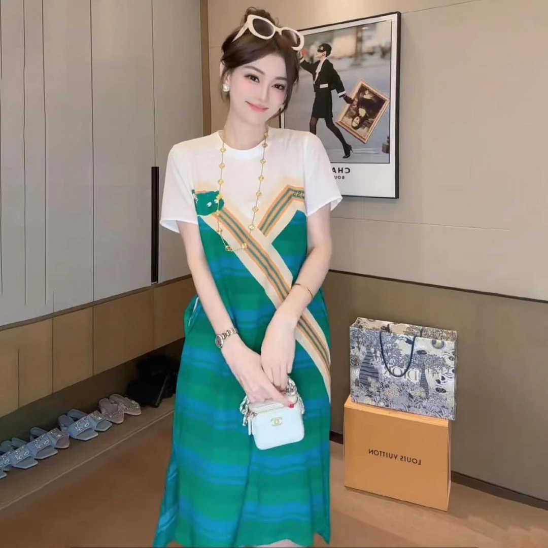 时尚撞色设计感连衣裙显瘦气质夏季女装宽松中长款休闲