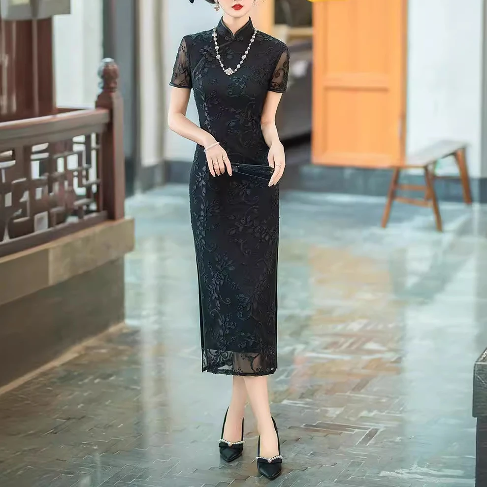 改良黑色旗袍春季时尚气质修身连衣裙2025新款宴会晚礼服婚宴走秀