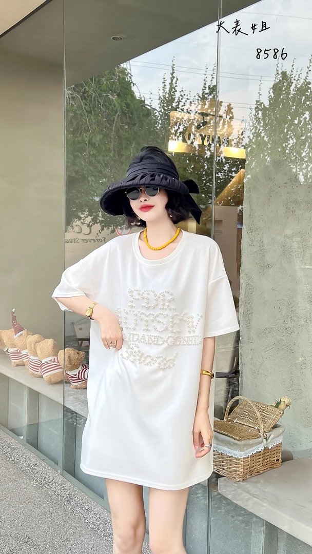 8586休闲美式重工钉珠珍珠短袖T恤女夏季新款宽松甜美高级上衣