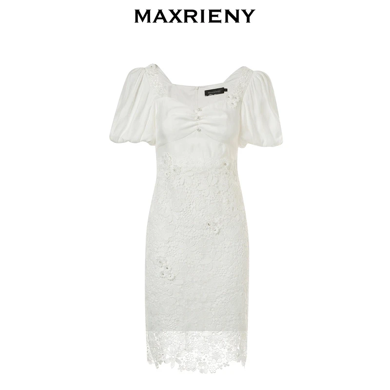 MAXRIENY立体蕾丝花边设计感连衣裙薄荷曼波气质白色MC88DR306A10