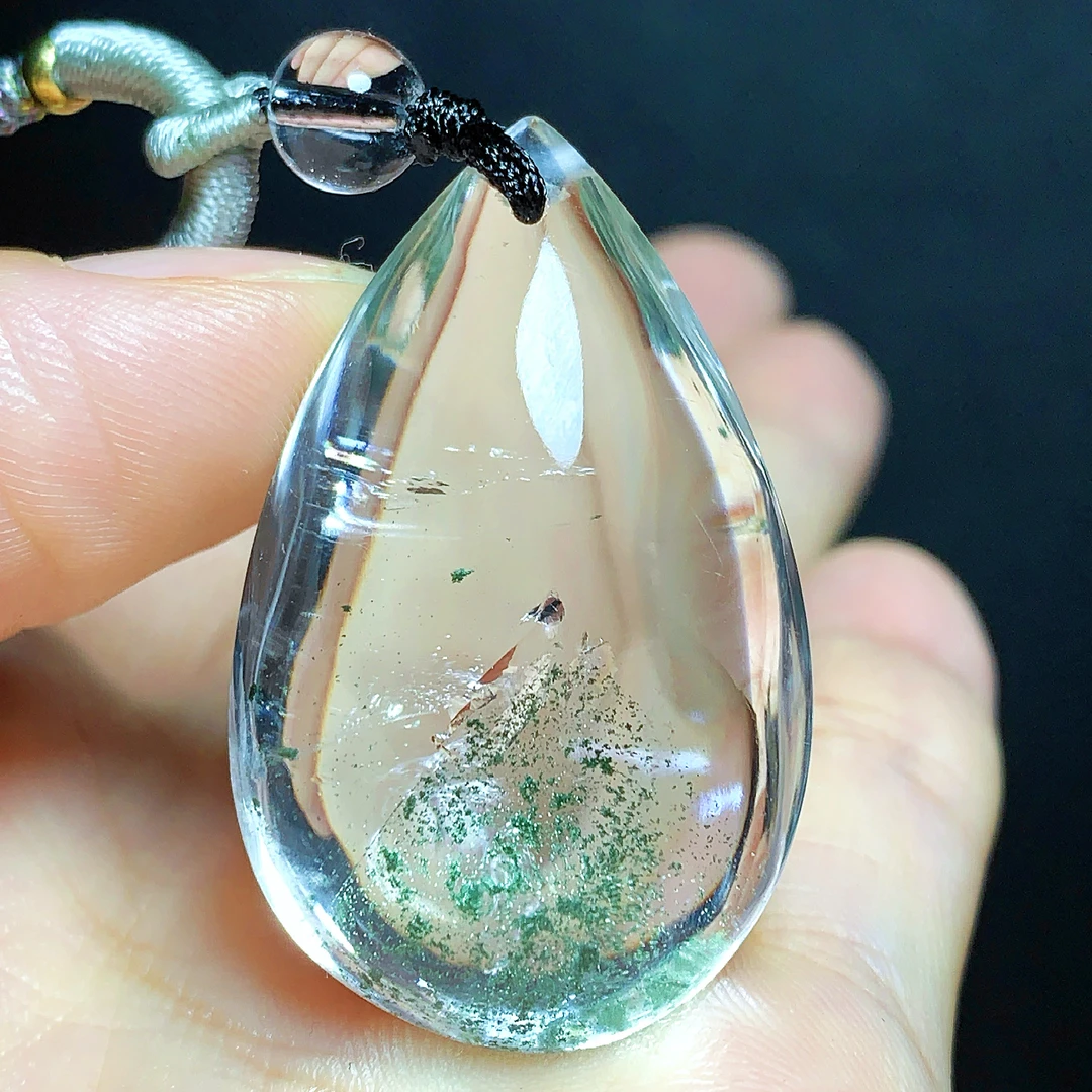 东海水晶天然绿幽灵水晶吊坠毛衣链平安通透水滴项坠男女款聚宝盆