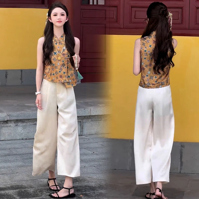 新中式时尚套装女2025夏季洋气显瘦国风盘扣无袖上衣阔腿裤两件套
