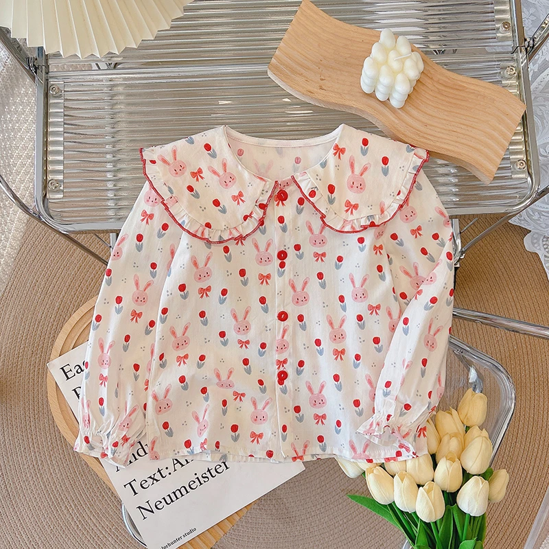 新款纯棉女童衬衫娃娃领衬衣长袖洋气打底衫宝宝翻领甜美上衣B10