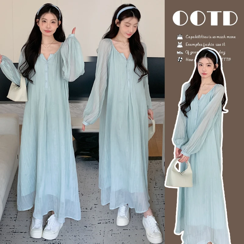 【酥酥】2025新款春秋款蓝色长袖韩系穿搭高级感大码孕妇连衣裙