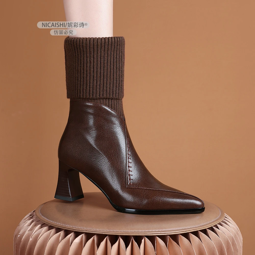 2025年新款欧美尖头粗跟鞋短靴复古拼接百搭针织时尚舒适女靴3609