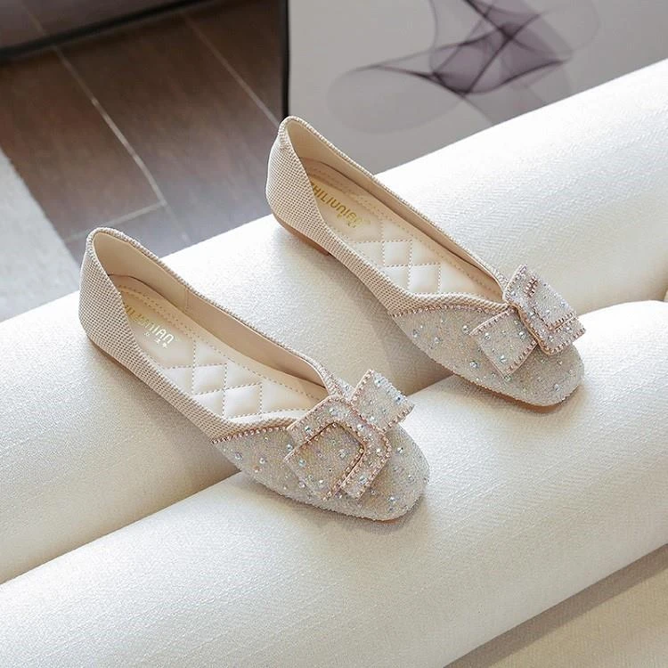 小香风方头平底单鞋百搭豆豆鞋水钻软底瓢鞋夏季网红浅口大码女鞋