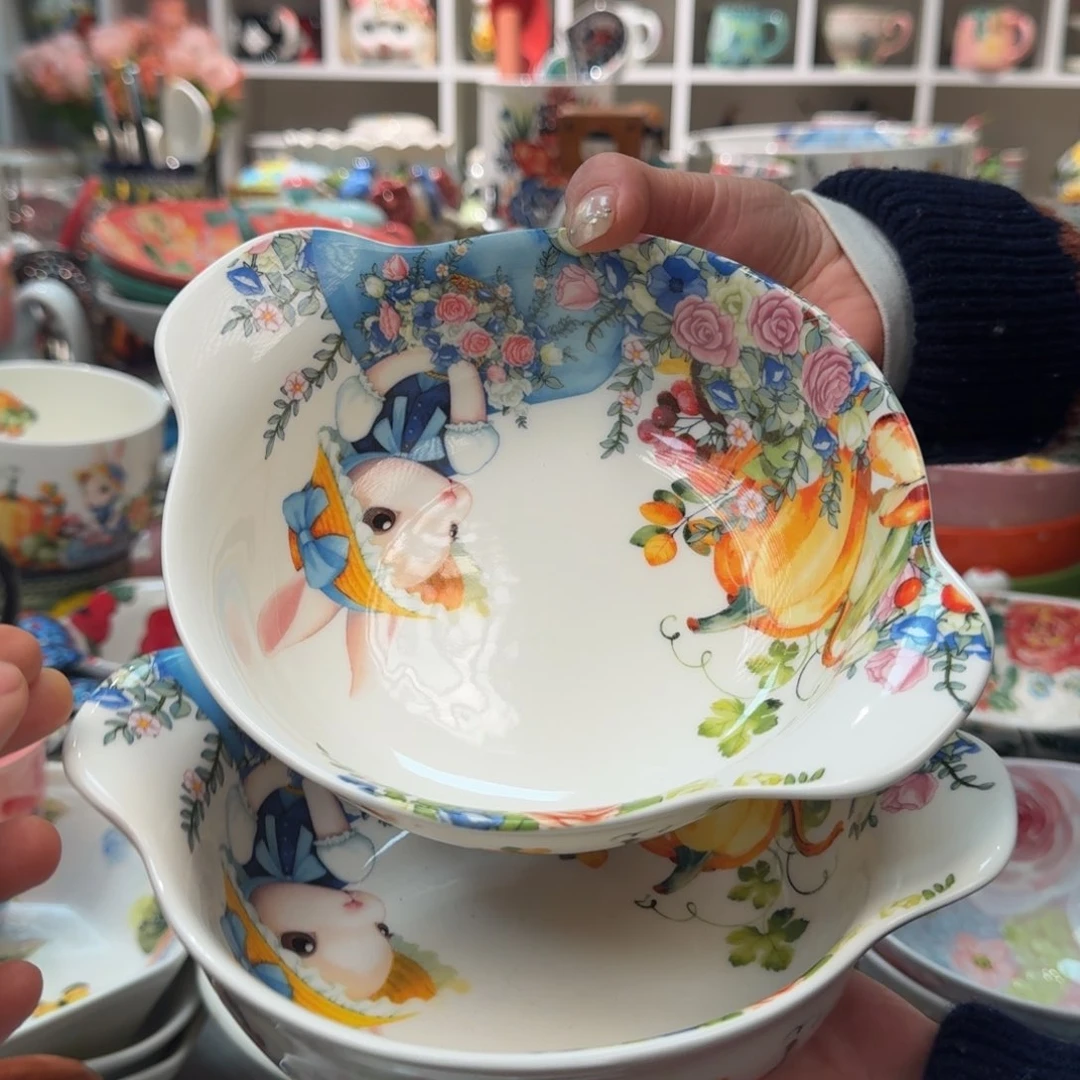 瓷片6英寸双耳小兔沙拉碗2只