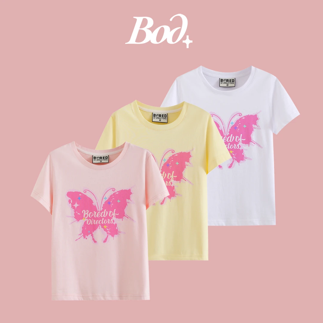 BOD+夏季新款甜美小清新印花蝴蝶字母图案半袖qy