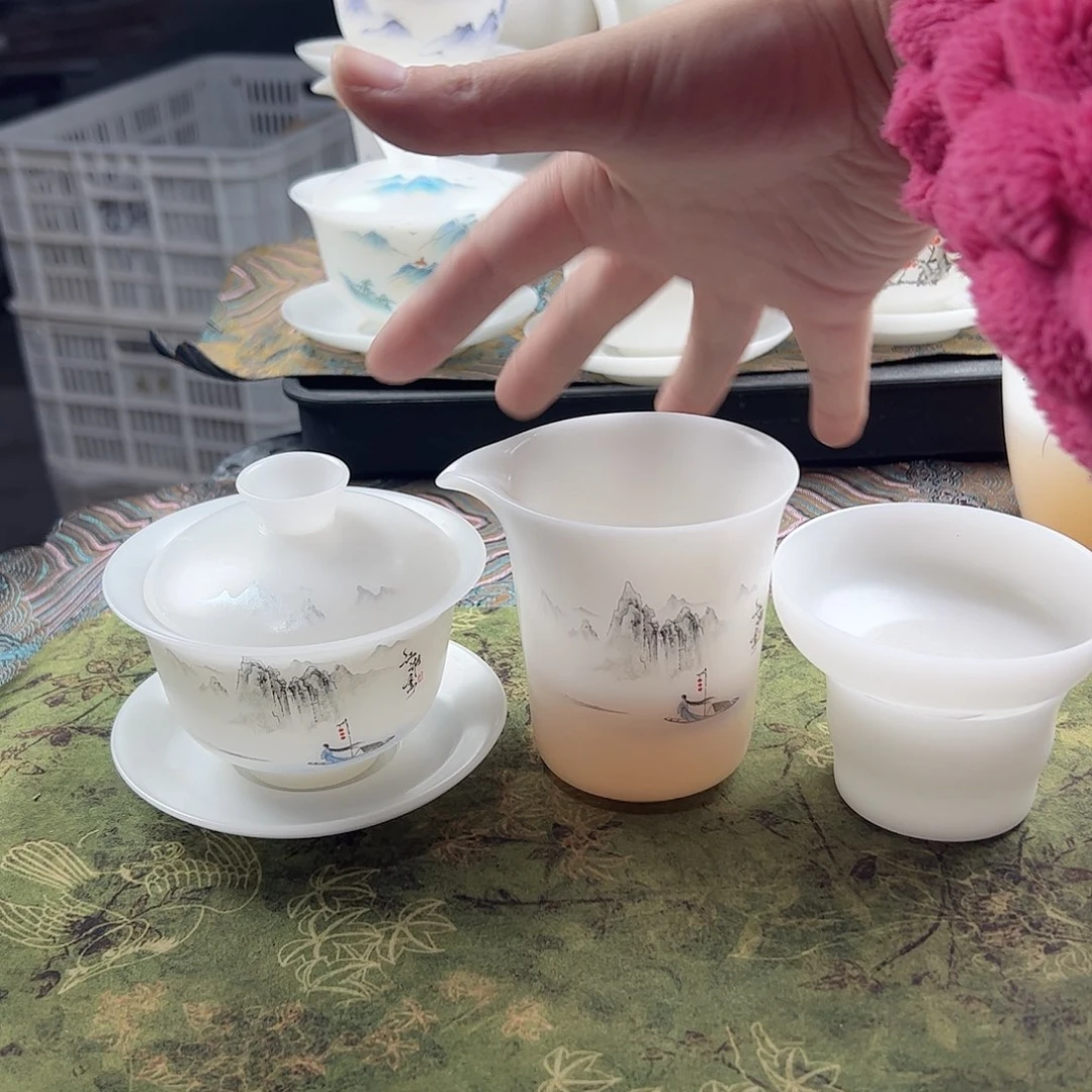 江湖意-素烧璞玉元宝盖碗满容150ml+茶海+过滤组