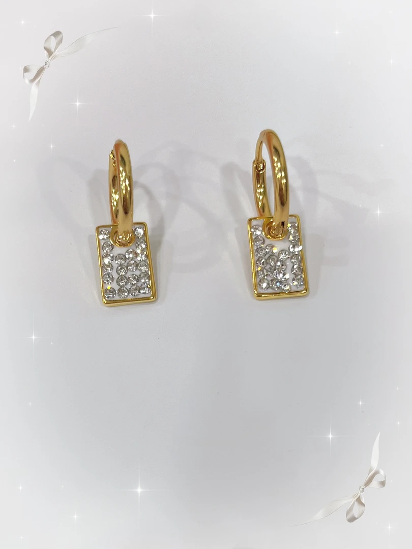 钛钢锆石耳饰 1491钛钢高级感爆闪满锆方牌耳扣耳环