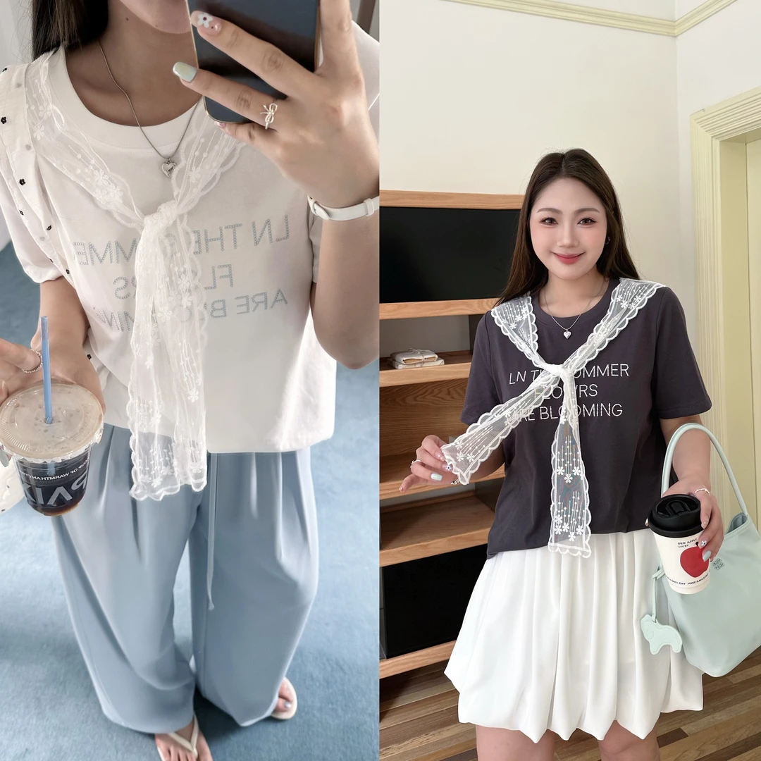 现货8301D大婉酱肉肉微胖定制【秘密花园】休闲字母印花时尚短袖