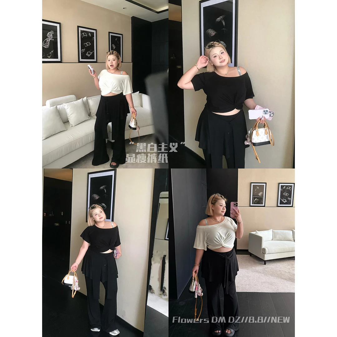 全球花【黑白主义】大码高腰假两件绑带屁帘裤微喇裤女斜肩短袖T恤