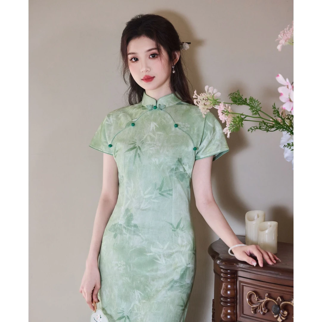 【绿竹】绿色送考旗袍文艺气质2025年春夏新款少女连衣裙日常5566