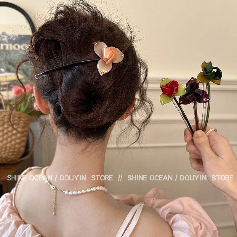 双海韩版精致糖果色花朵一字扭扭夹高级感气质时尚甜美简约搭发夹