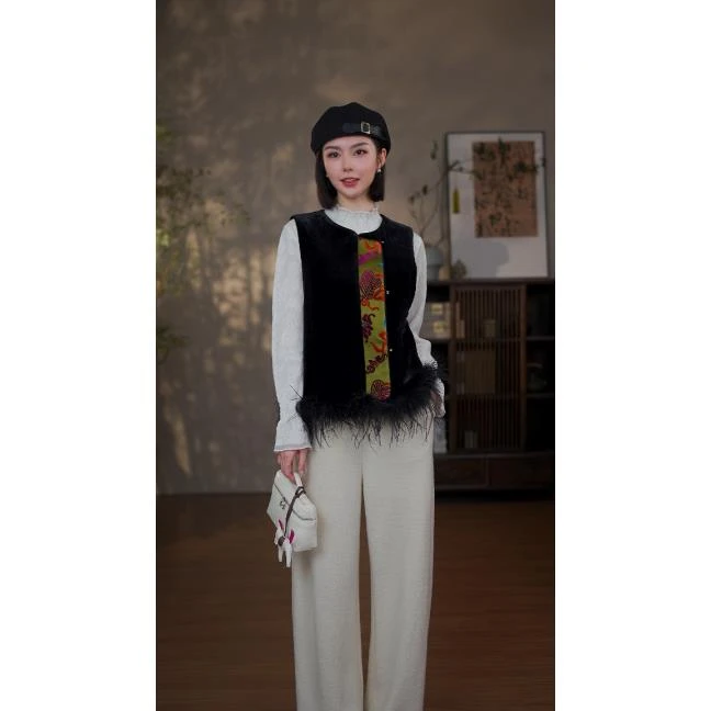 GONG QUE 新中式秋冬款真丝丝绒拼鸵鸟毛马甲 242288