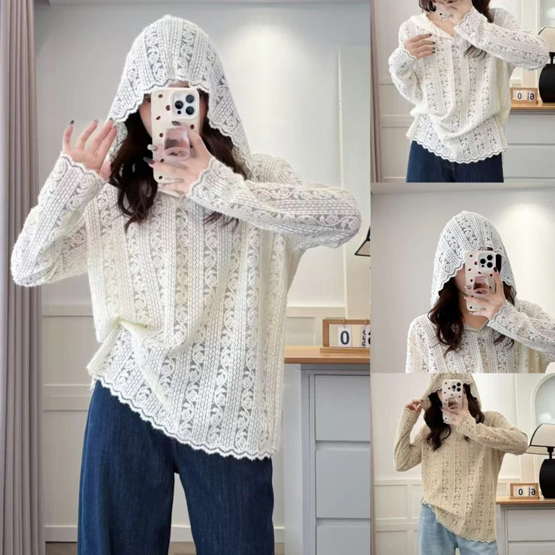 季念微胖大码女装秋季新款洋气立体钩花蕾丝连帽衫套头打底衫长袖