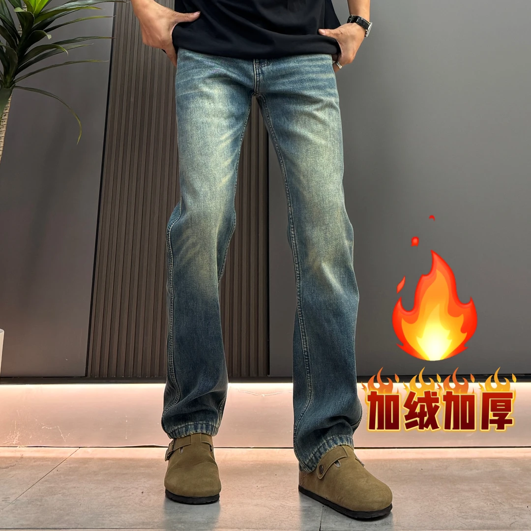 冬季加绒加厚柔软保暖显瘦窄版直筒男士牛仔裤洗水复古蓝冬季牛仔