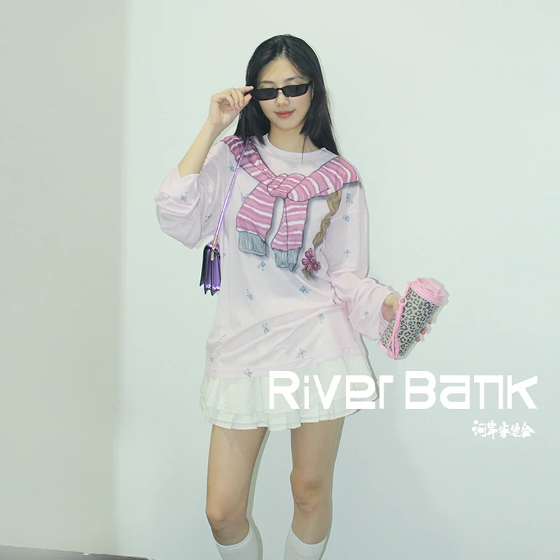 河岸家设计师FORDARE福蝶趣味手绘感绑结小碎花罩衫长袖T恤25秋