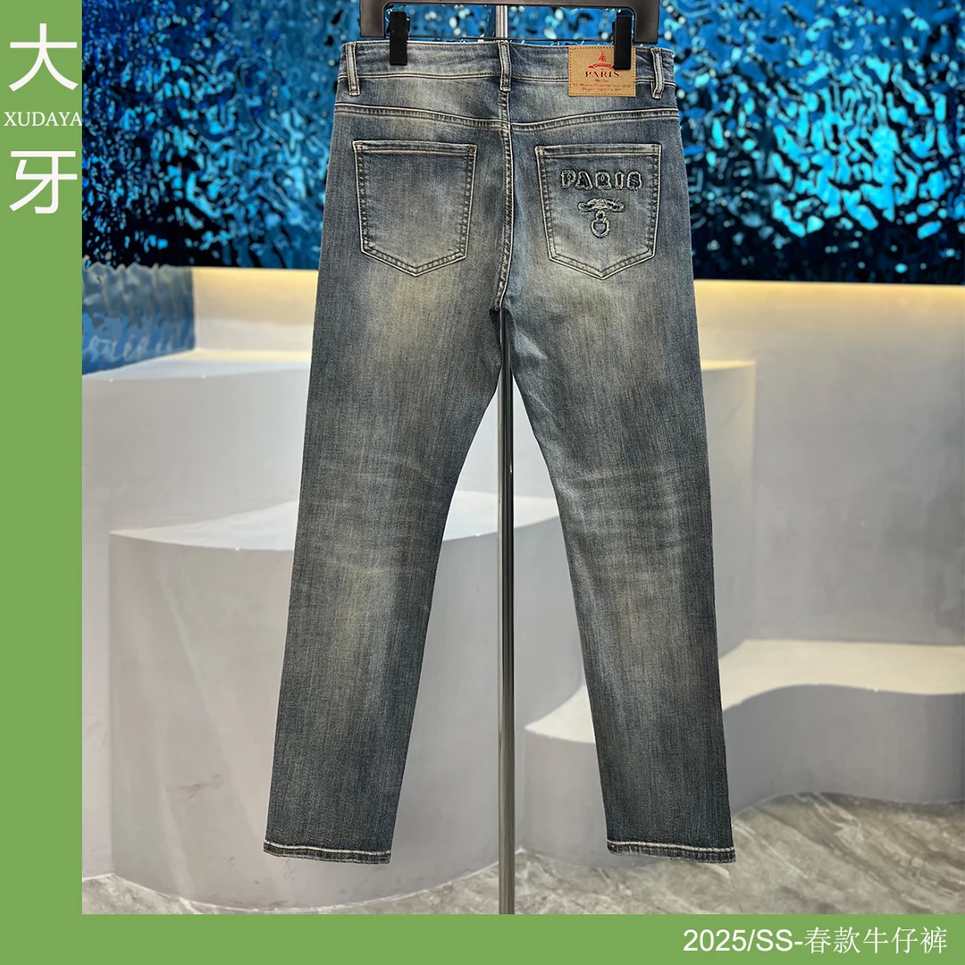 【大牙】322#薄款冰蓝色牛仔裤男2025春夏猫须磨白弹力修身小直筒
