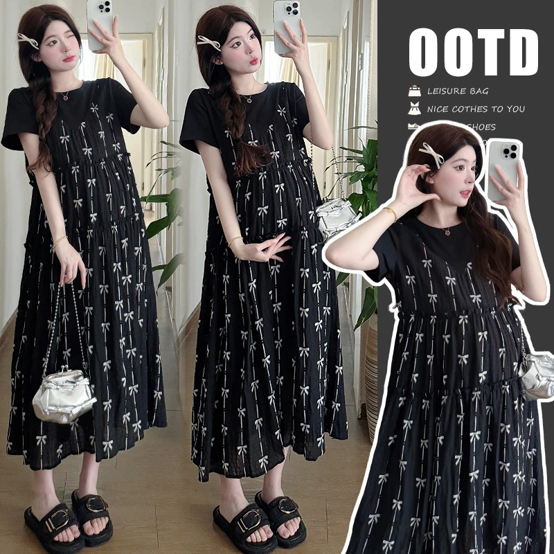 孕妇装夏装蝴蝶结印花短袖连衣裙宽松显瘦假两件裙子夏季孕妇裙夏