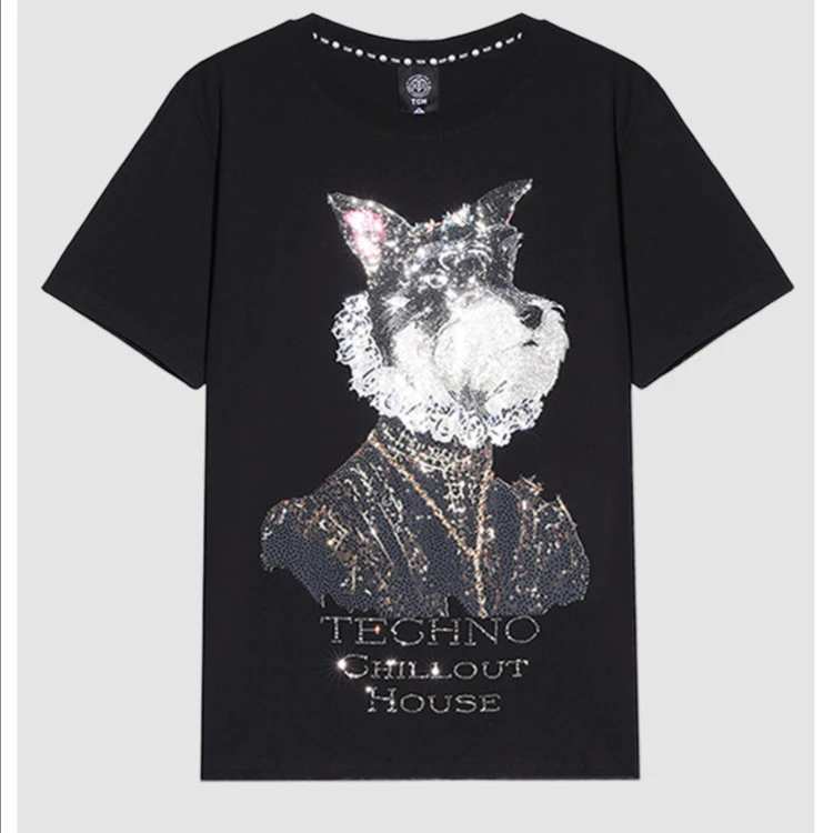 奥莱-TECHNO CHILLOUT HOUSE烫钻黑色街头圆领T恤T21110B6099