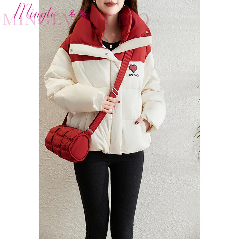 时尚撞色羽绒服女短款2025冬季新款立领高品质面包服保暖厚外套