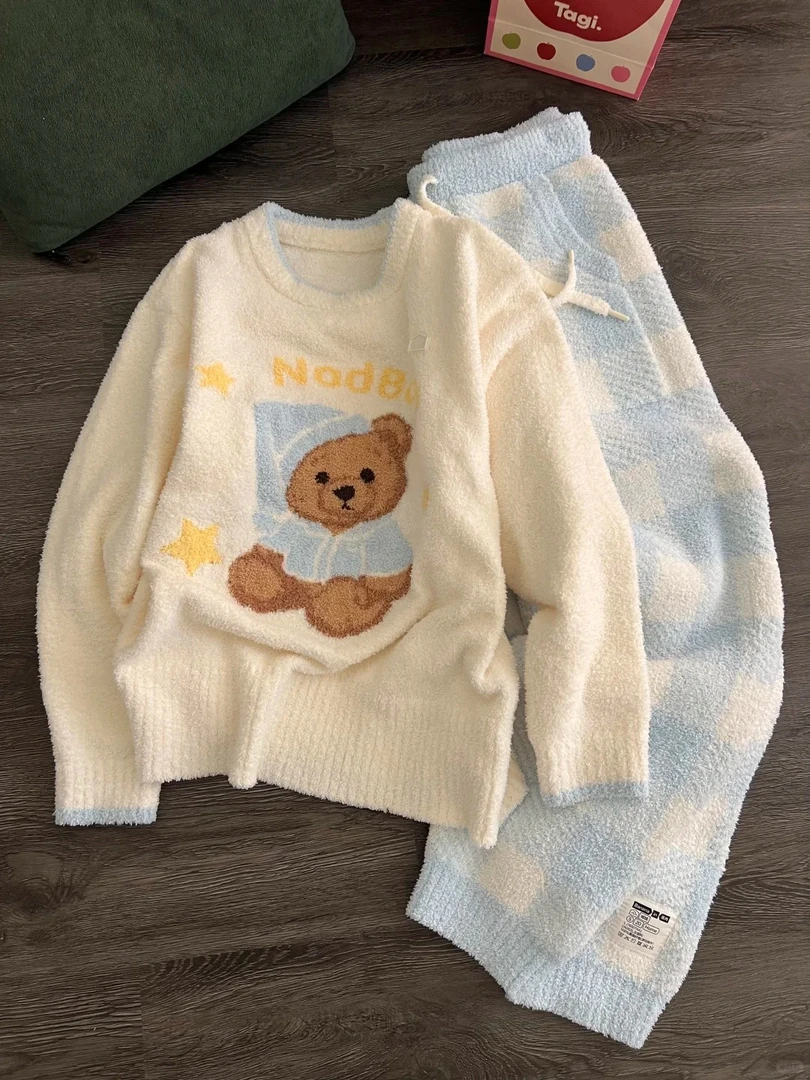 奶呼呼可爱小熊半边绒睡衣女秋冬新款2025加绒加厚针织家居服套装