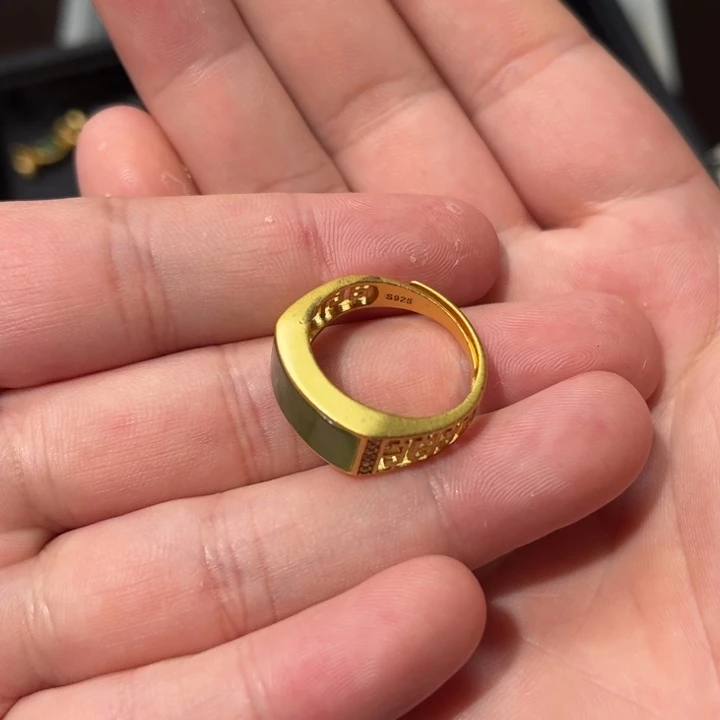 和田玉戒指银S925镀金镶嵌伤*子