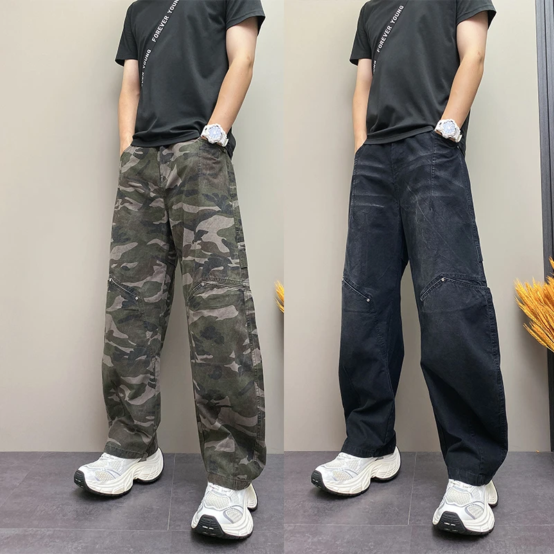 美式高街潮流痞帅弯刀牛仔裤秋季新款水洗迷彩宽松直筒垂感阔腿裤