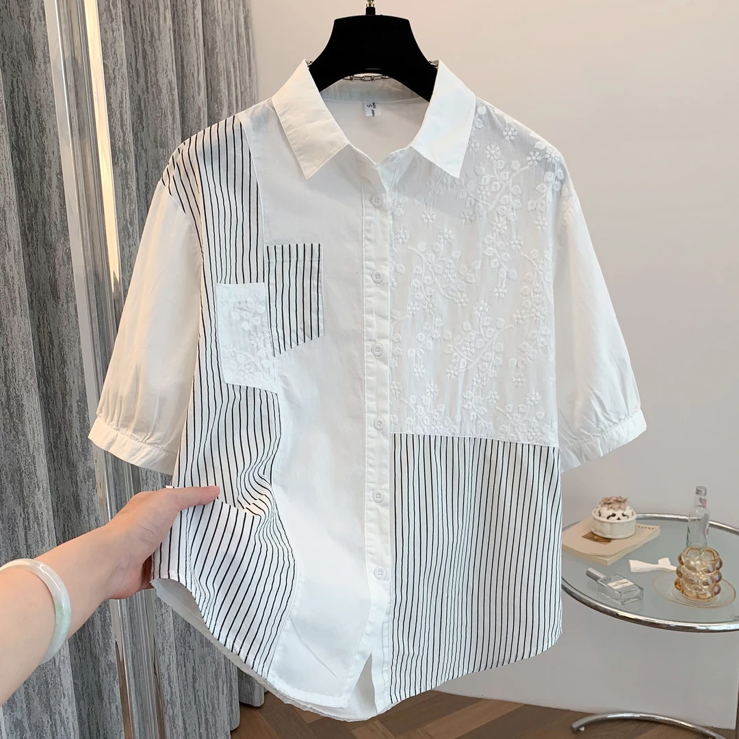 【全额运费补贴】休闲独特拼接错位口袋设计感女士衬衫夏季新款短袖