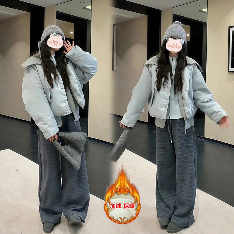 冬季新款韩版设计感针织拼接假两件棉服外套条纹加绒休闲裤两件套